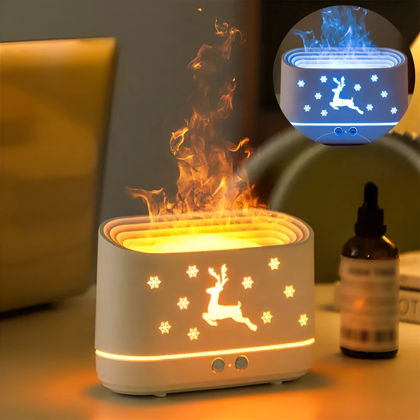White round humidifier diffuser with glowing flame effect light and USB cable