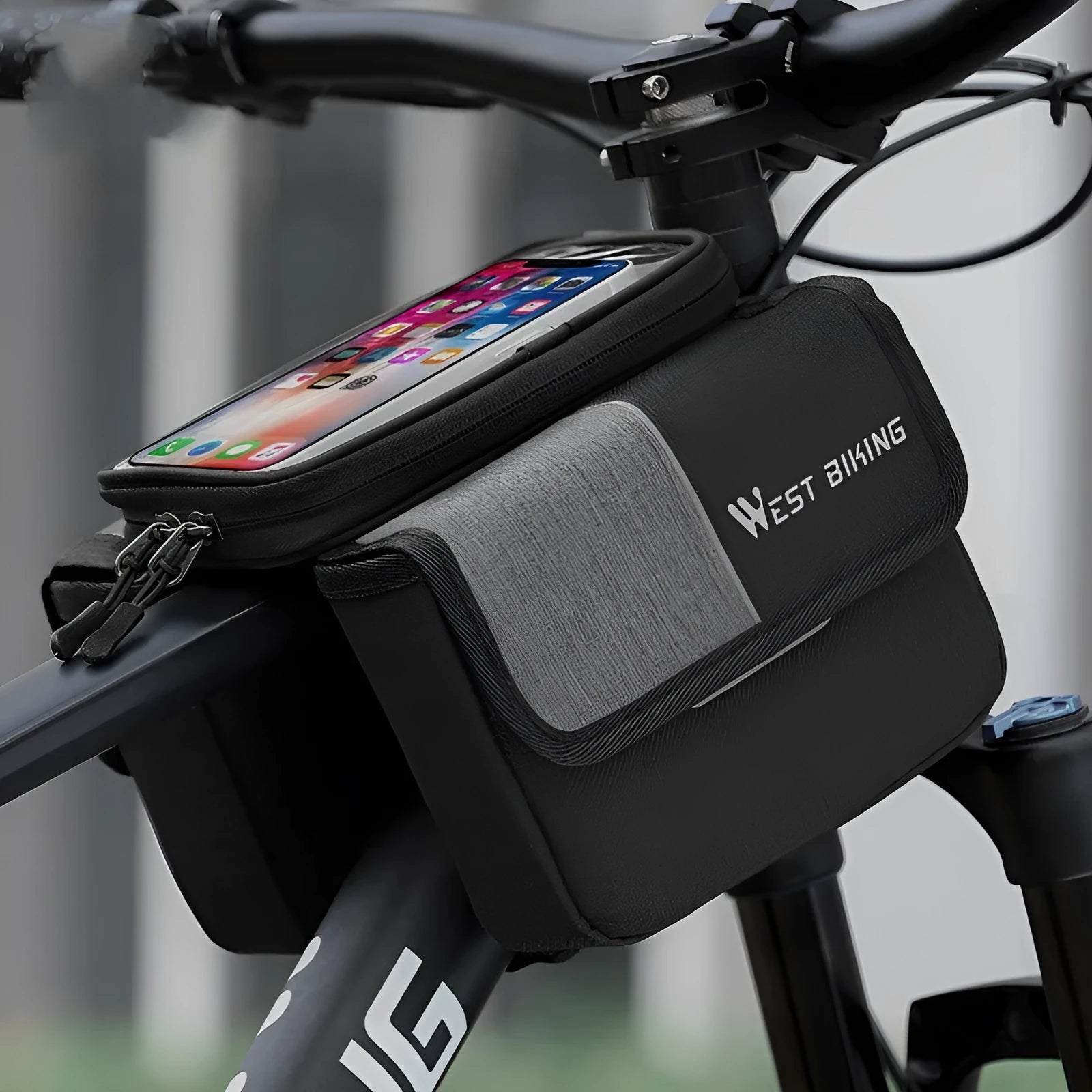 Black and grey oxford cloth bicycle saddle bag with bilateral tube mounting system