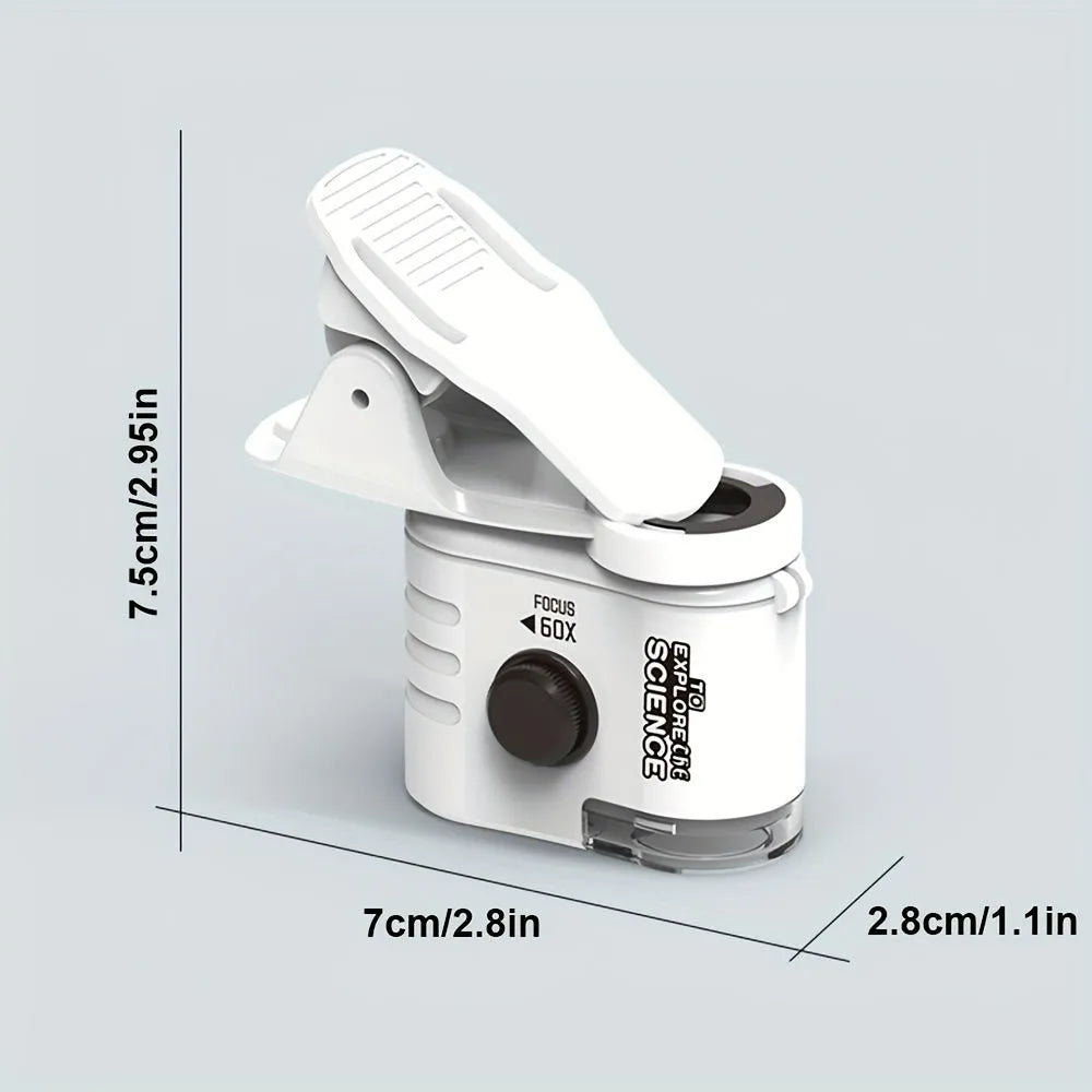 Mini mobile phone microscope with clip-on adapter showing 60x magnification capability