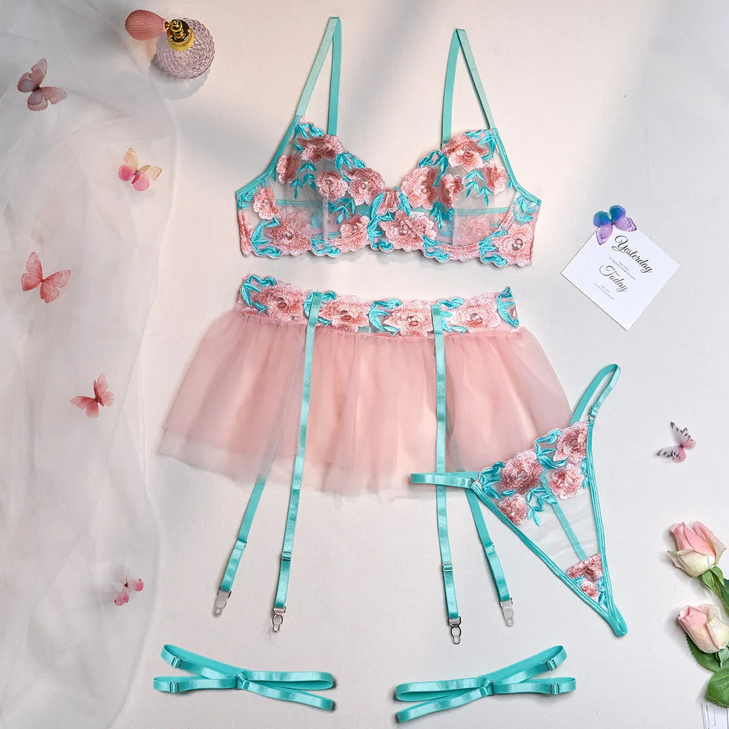 Pink women's mesh pettiskirt two-piece suit with matching embroidered bikini top.