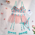 Pink women's mesh pettiskirt two-piece suit with matching embroidered bikini top.