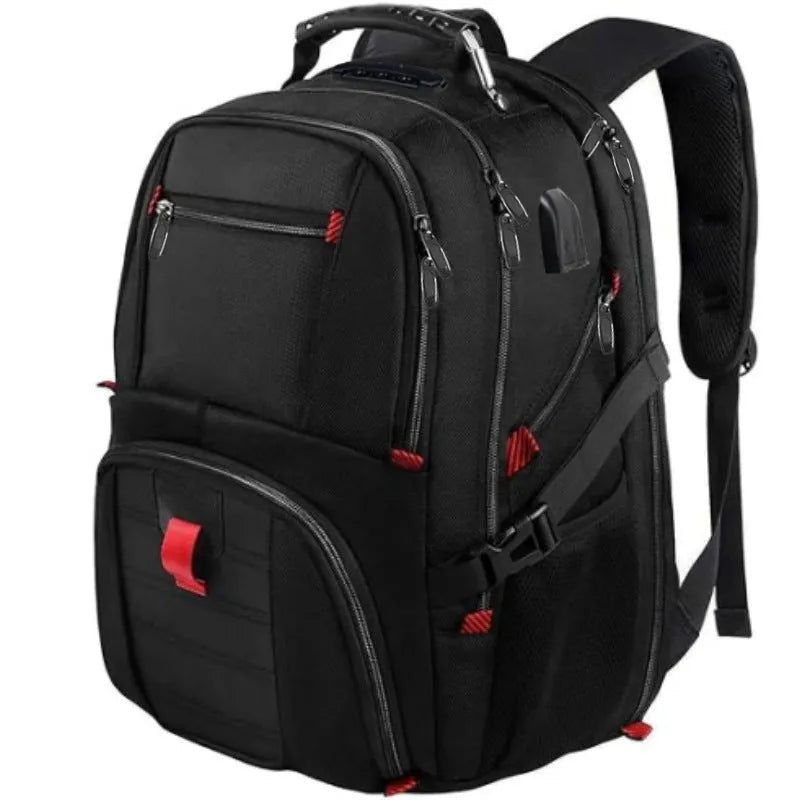 Large unisex USB charging backpack in black, showing front design and curved shoulder straps.