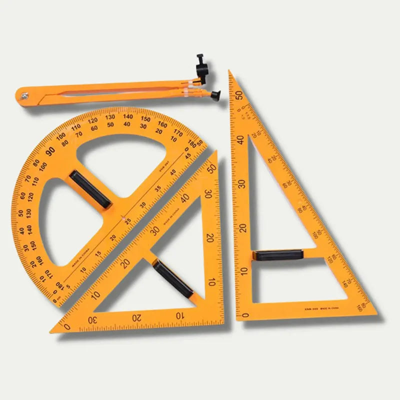 Orange and black plastic triangle ruler and protractor set with chalk compass for geometry teaching