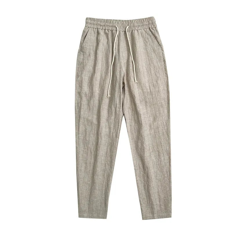 Men's striped cotton-linen cropped trousers in khaki, coffee, navy blue and white colour options