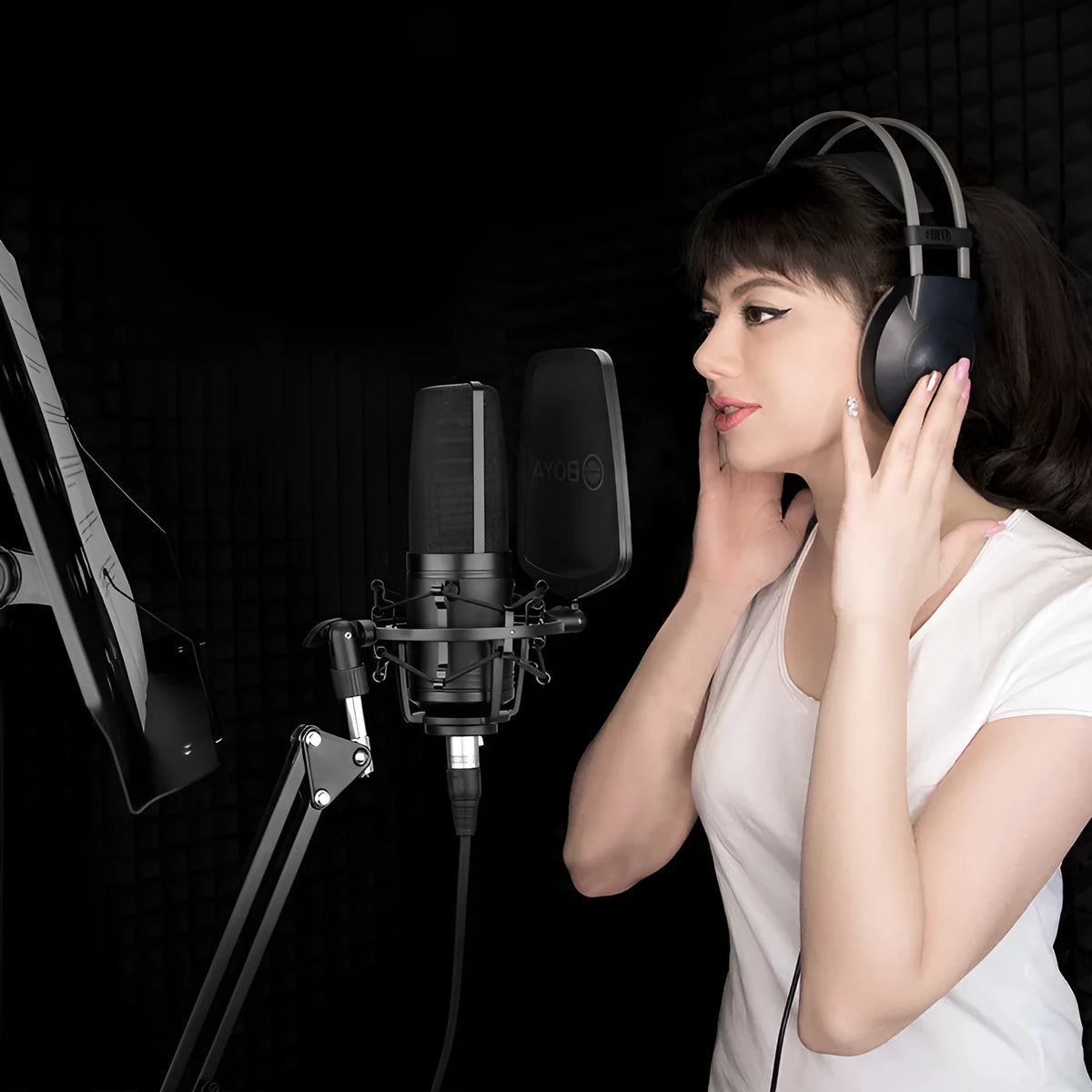 Black capacitive microphone with large diaphragm for K song, computer, mobile phone recording, and anchor use