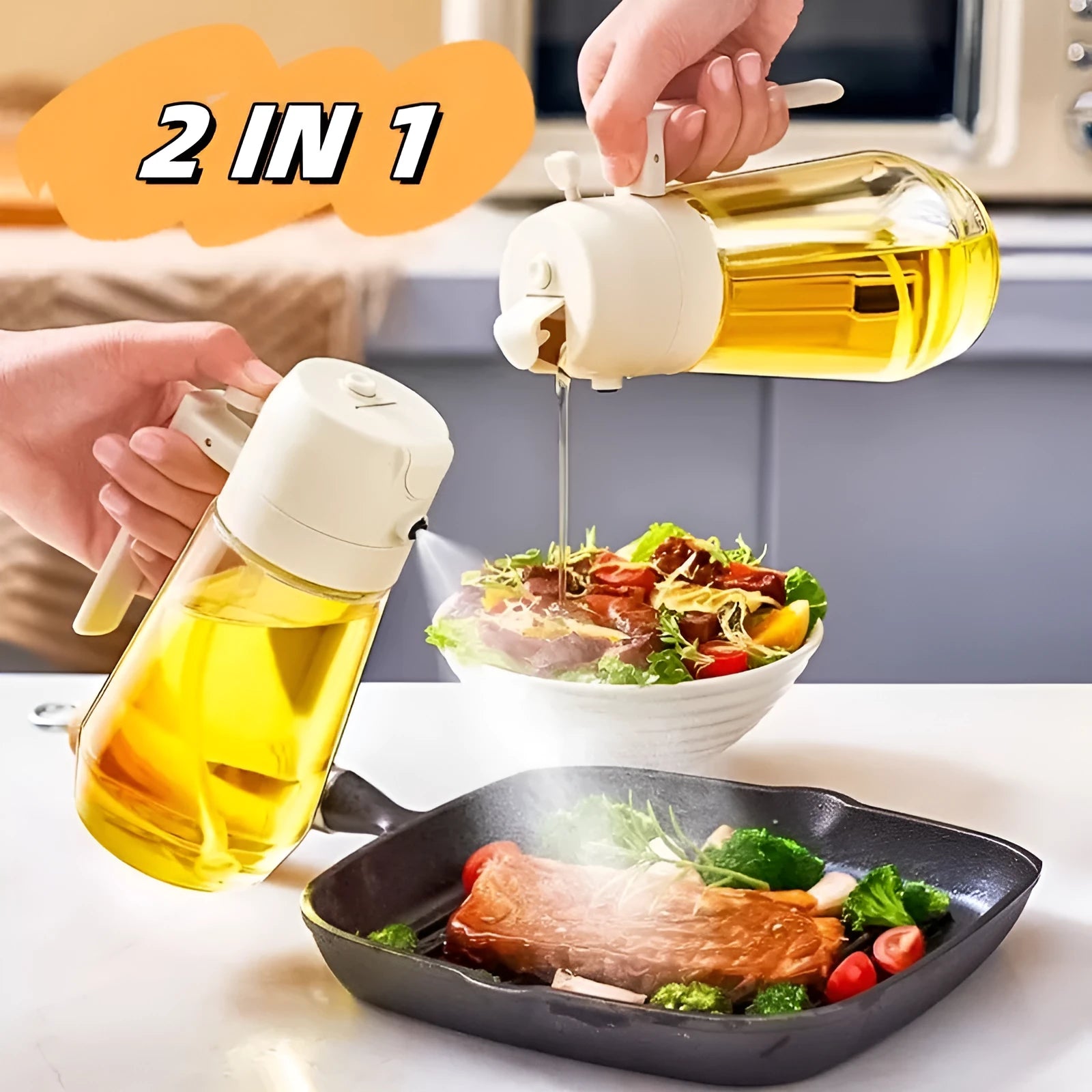 470ml glass oil sprayer dispenser with ergonomic handle in beige, black, green, or yellow colour options