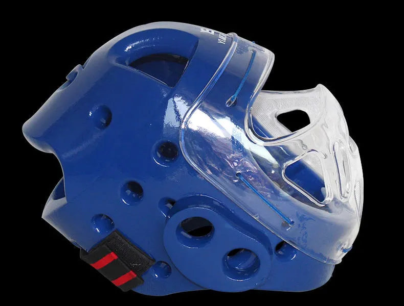 A white, blue, and red karate helmet for boxing head protection, shown in sizes S, M, L, and XL.