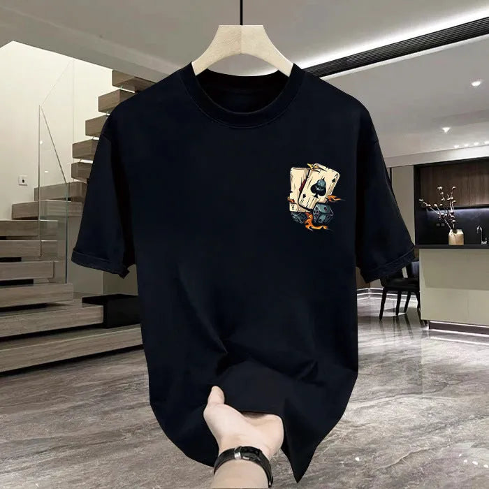 Men's black and white heavy cotton short-sleeved printed T-shirt on a hanger