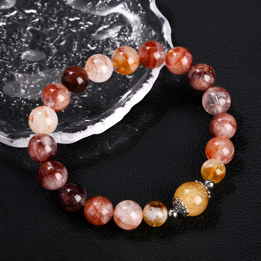 Handmade women's crystal bracelet with 10mm citrine lucky beads and red sealant flower design