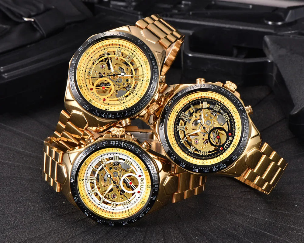 MCE men's explosion-proof mechanical watch with stainless steel case and leather strap