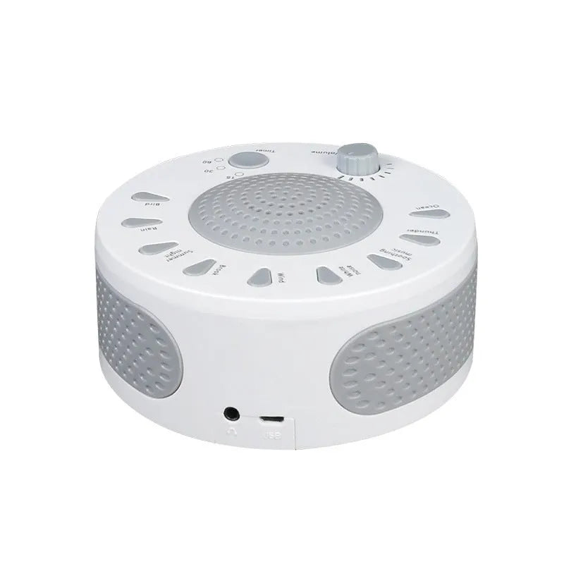 White noise sleep instrument with control knobs showing nine sound options and automatic timer settings
