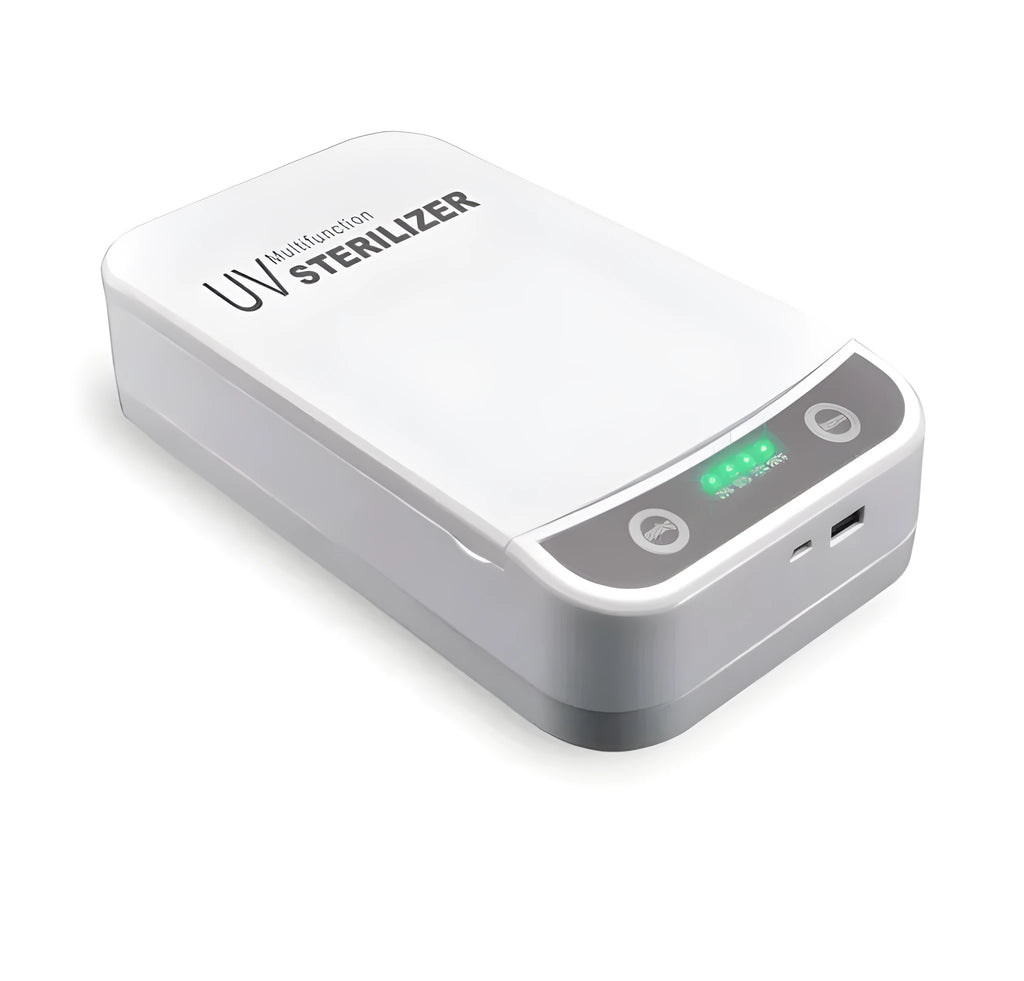 White portable UV disinfection box with lid open, showing internal chamber and UV lamps