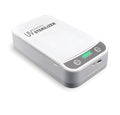 White portable UV disinfection box with lid open, showing internal chamber and UV lamps