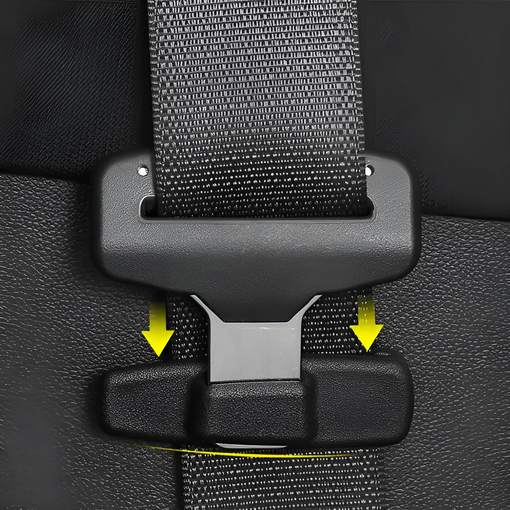 Two black ABS plastic car seat belt stopper clips with black socks in clear OPP packaging