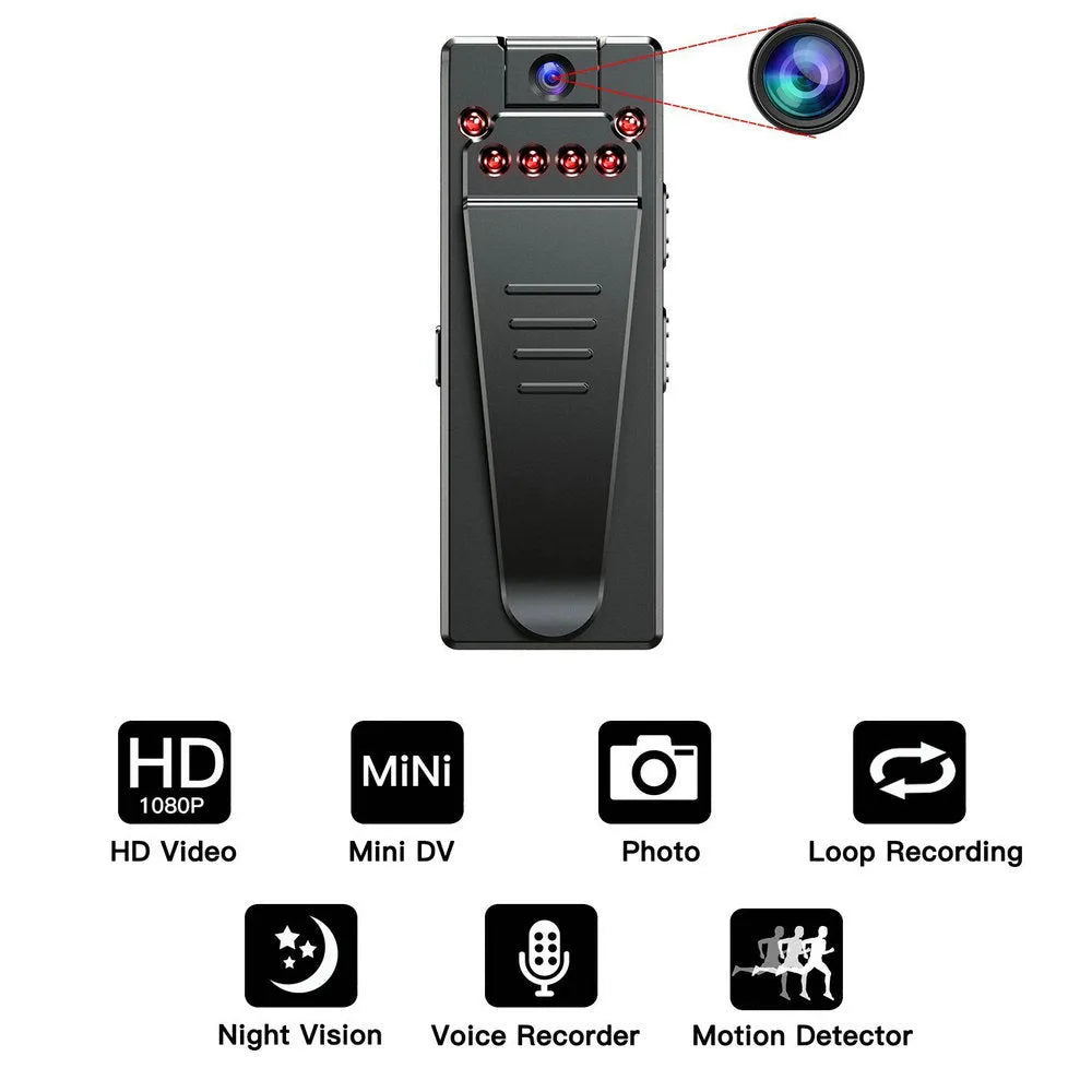 Black 1080p HD DV home camera with 90-degree rotation, night vision, and TF card slot for home security.