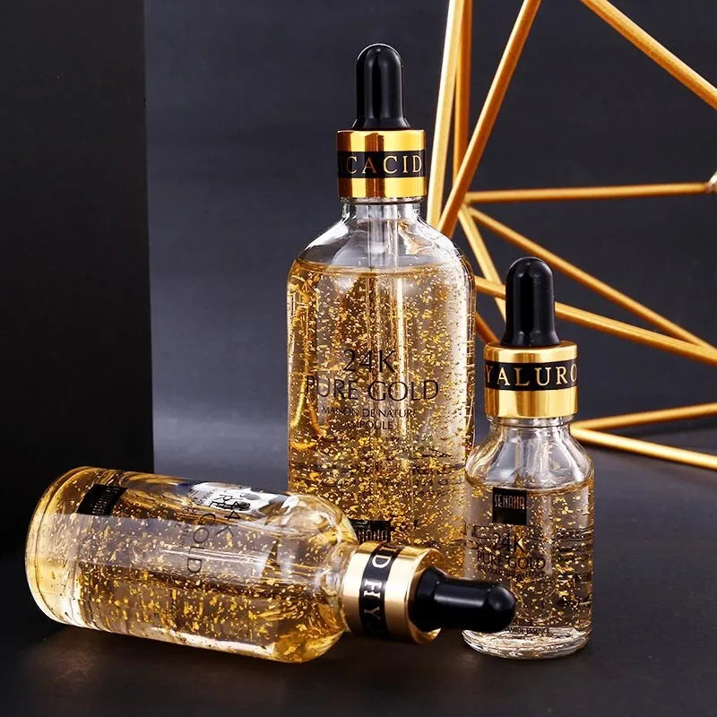 24K gold nicotinamide stock solution bottle in 15ml, 50ml or 100ml, lightweight anti-ageing gel essence for fine lines and dull skin