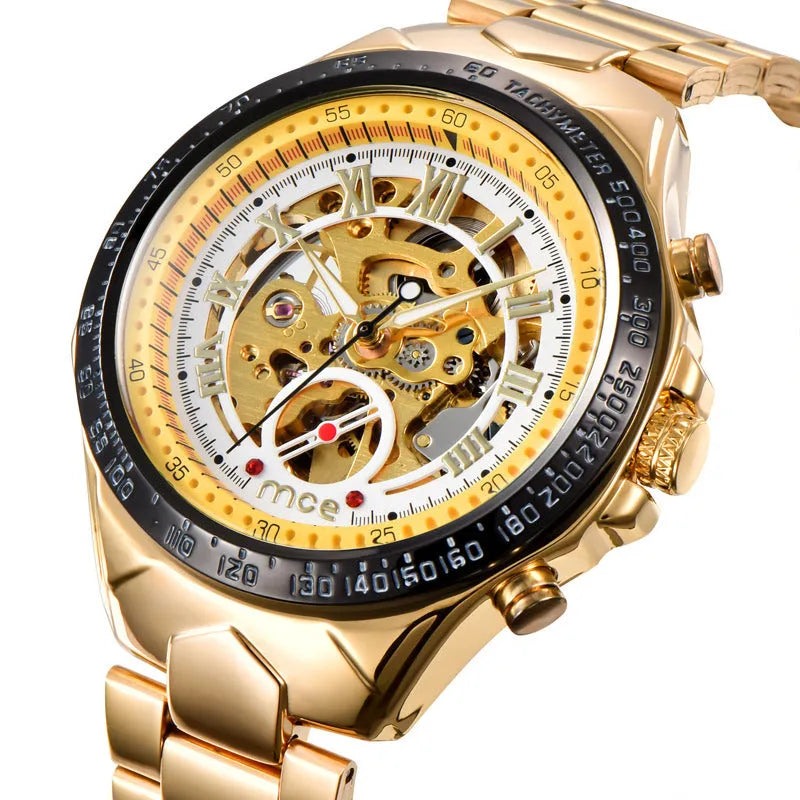 MCE men's explosion-proof mechanical watch with stainless steel case and leather strap