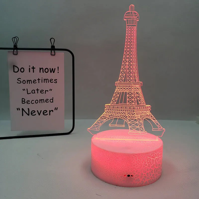 Seven colour Eiffel Tower silhouette 3D visual acrylic table lamp with touch control.