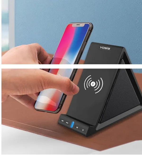 Black multifunctional Bluetooth speaker with integrated mobile phone stand and wireless charging surface, measuring 165x80x130mm