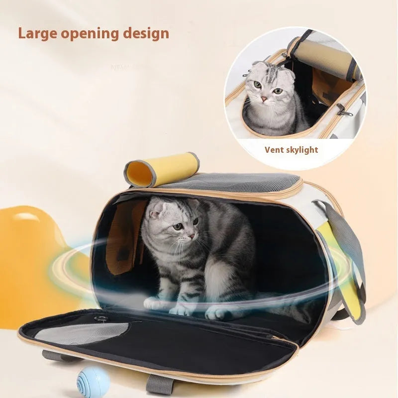 Foldable canvas pet carrier backpack shown in yellow colour with a single shoulder strap.