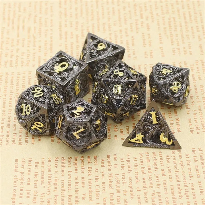 Seven-piece hollow pure copper electroplated dice set for DND and tabletop games in multi-colour options