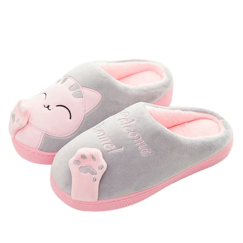 Unisex plush cat slippers with non-slip EVA sole, shown in multiple colours