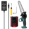 Small black electric chainsaw with 4-inch guide, showing lightweight one-hand design for cutting branches and logs
