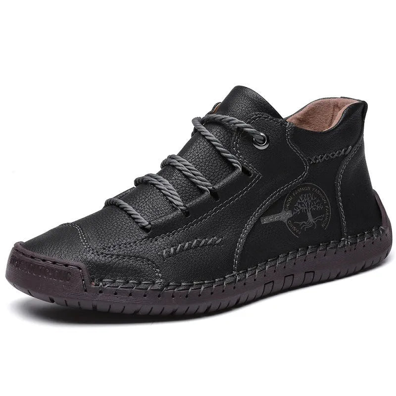 Men's leather mid-top work boots in various colours with lace-up front and rubber sole
