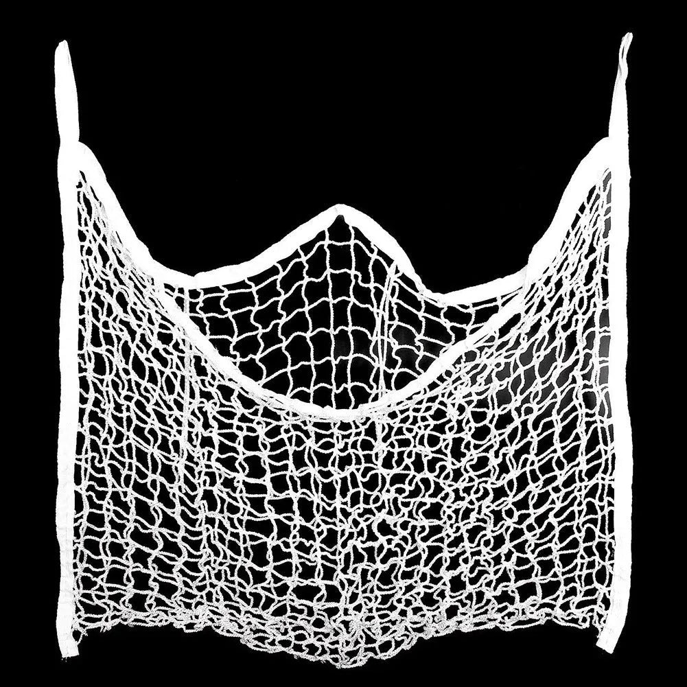 Black woven polyethylene rope horse feeding bag with grid pattern, hanging demonstration showing 120x90cm size