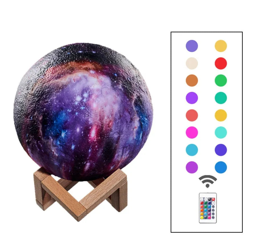 3D-printed lunar night light with LED colours, remote control, and touch sensor on wooden table