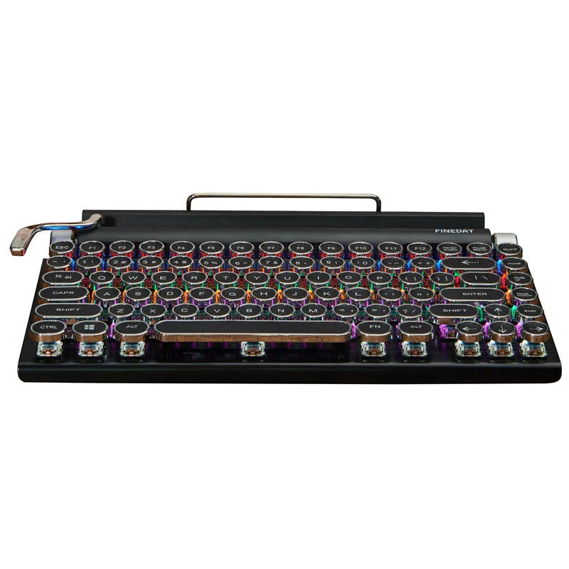 Black Dot retro typewriter mechanical keyboard with 83 keys, seven-colour backlight, and Bluetooth connectivity on a desk