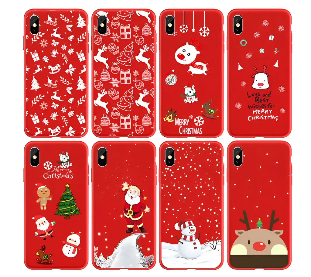 Christmas-themed painted back cover case for iPhone on a wooden table.
