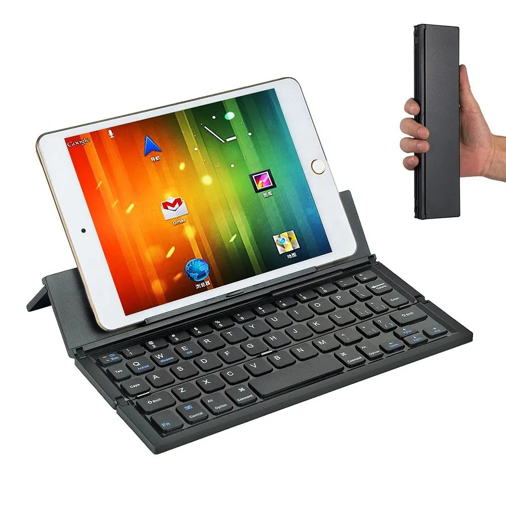 Mini folding ultra-thin wireless Bluetooth keyboard in black or white for tablets and smartphones.