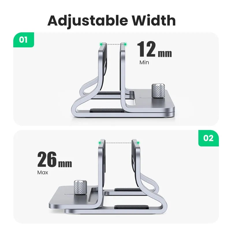 Silver aluminium alloy laptop cooling base with adjustable width for tool-free fitting from 12mm to 26mm