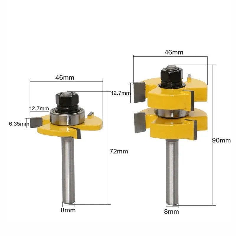 Carbide T-slot woodworking cutter with three-tooth T-shaped design and 8mm straight handle