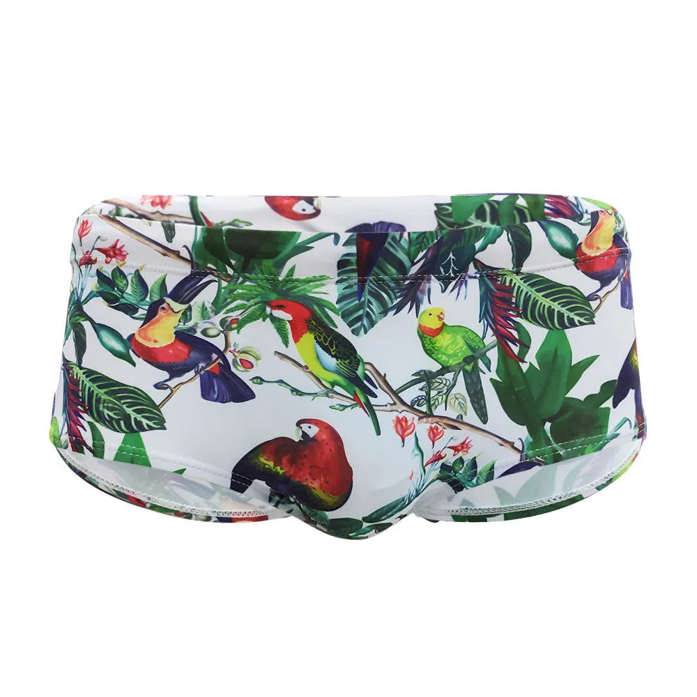 Men's swimming trunks with flower-bird print pattern in nylon small boxer style