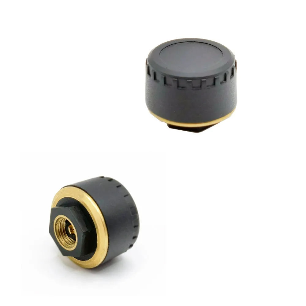 Bluetooth tyre pressure monitor with four sensors showing smartphone app display of real-time pressure readings