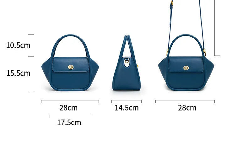 Leather tote cross-body wing bag in soft cow leather with latch closure and wing shape design.