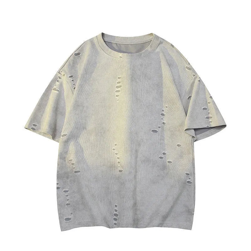 Men's grey cotton blend loose fit short sleeve t-shirt on hanger
