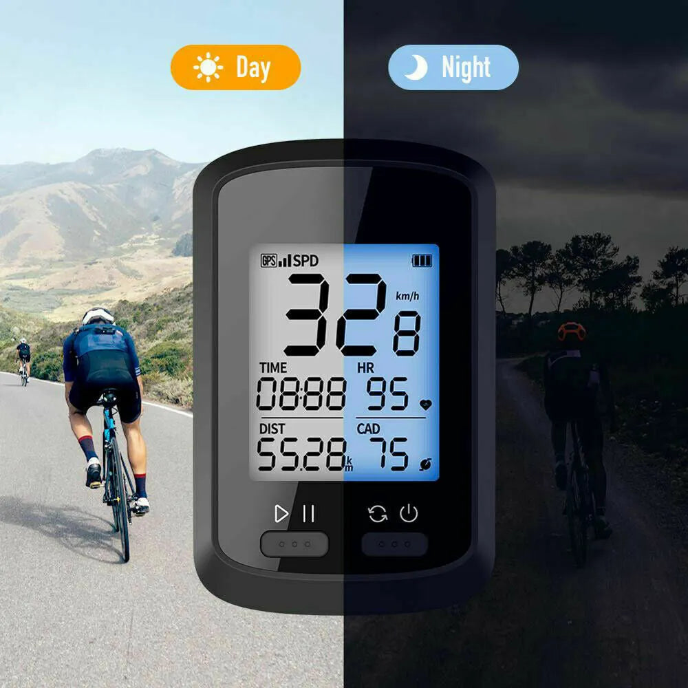 Black waterproof bicycle stopwatch with LCD screen and detachable wrist strap.