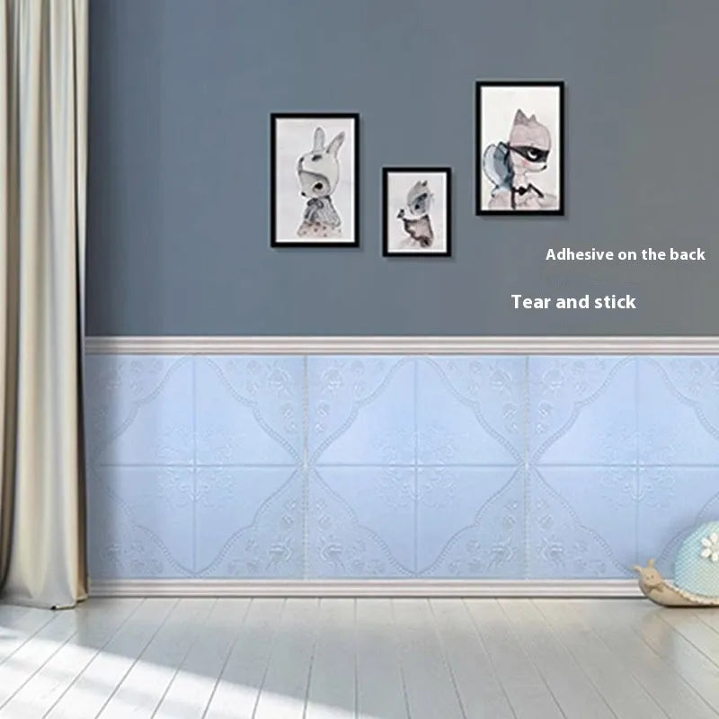 Light blue waterproof foam wall sticker with botanical plants and flowers design measuring 70cm square