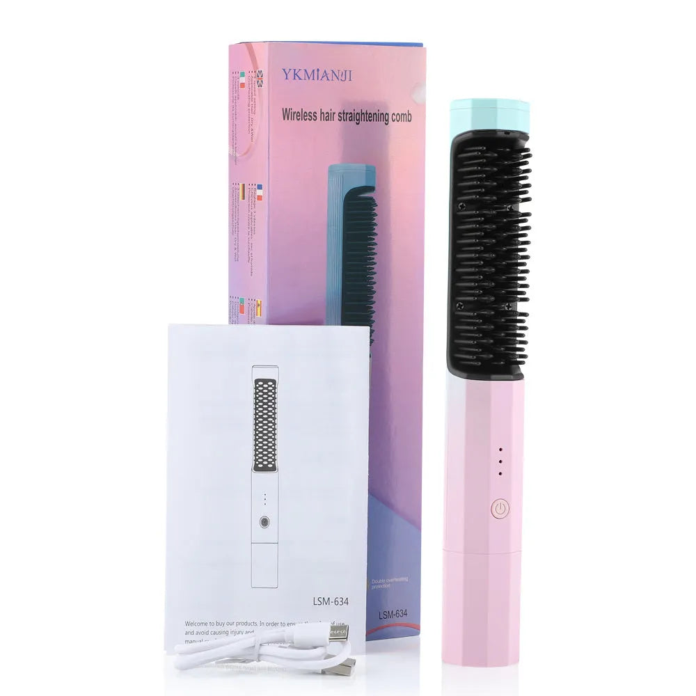 Pink wireless straightening comb with USB charging port and temperature buttons