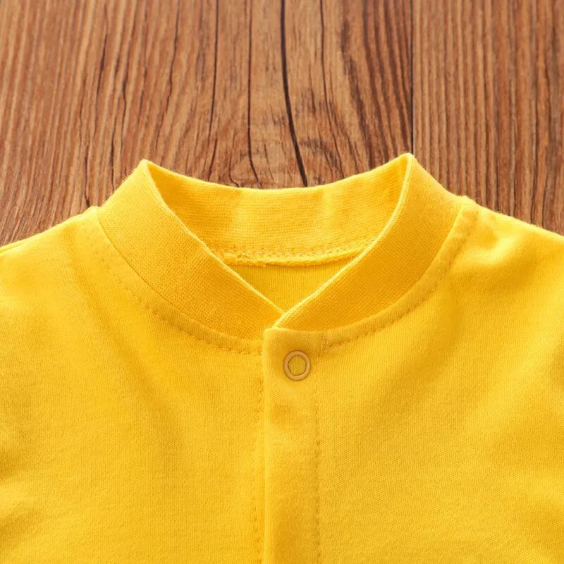 Cotton baby one-piece clothes in Giraffe colour, sizes 59cm to 90cm with bust, sleeve, hip and shoulder measurements