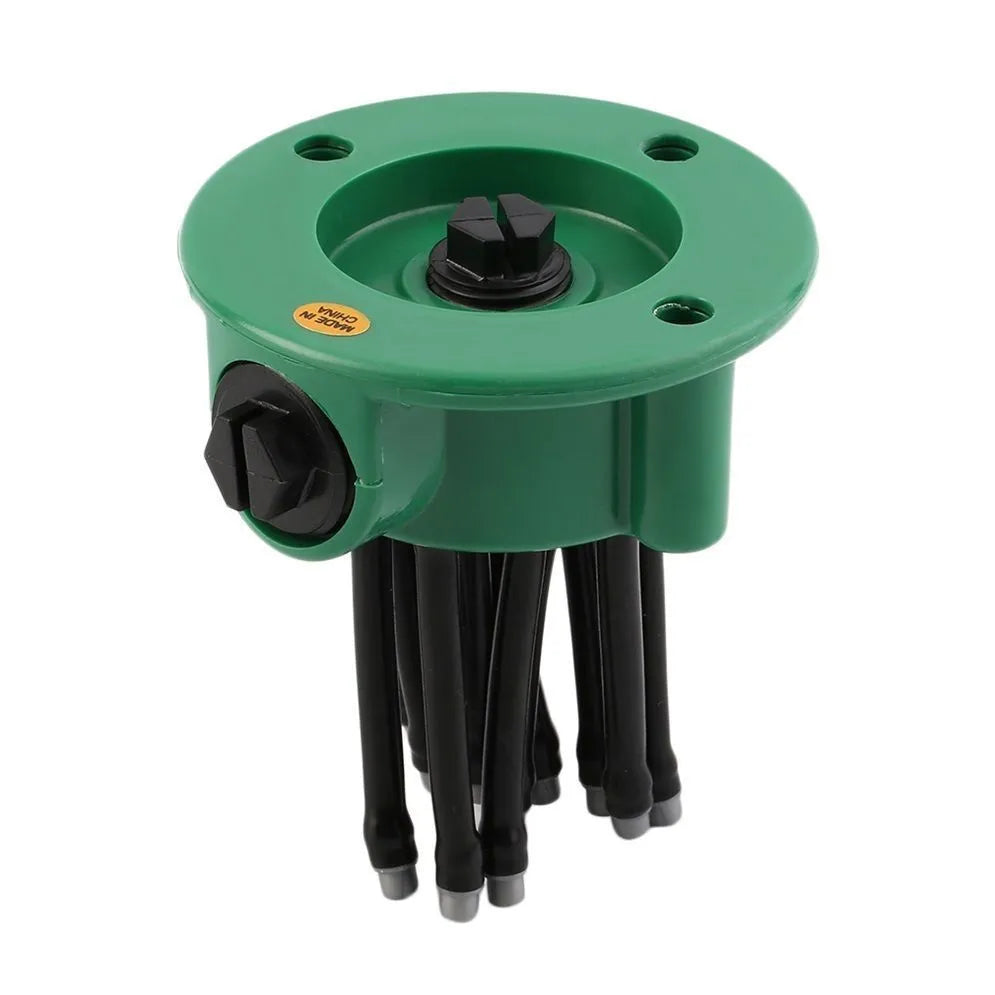 Green plastic adjustable lawn sprinkler with flexible watering noodles on a 9cm base.
