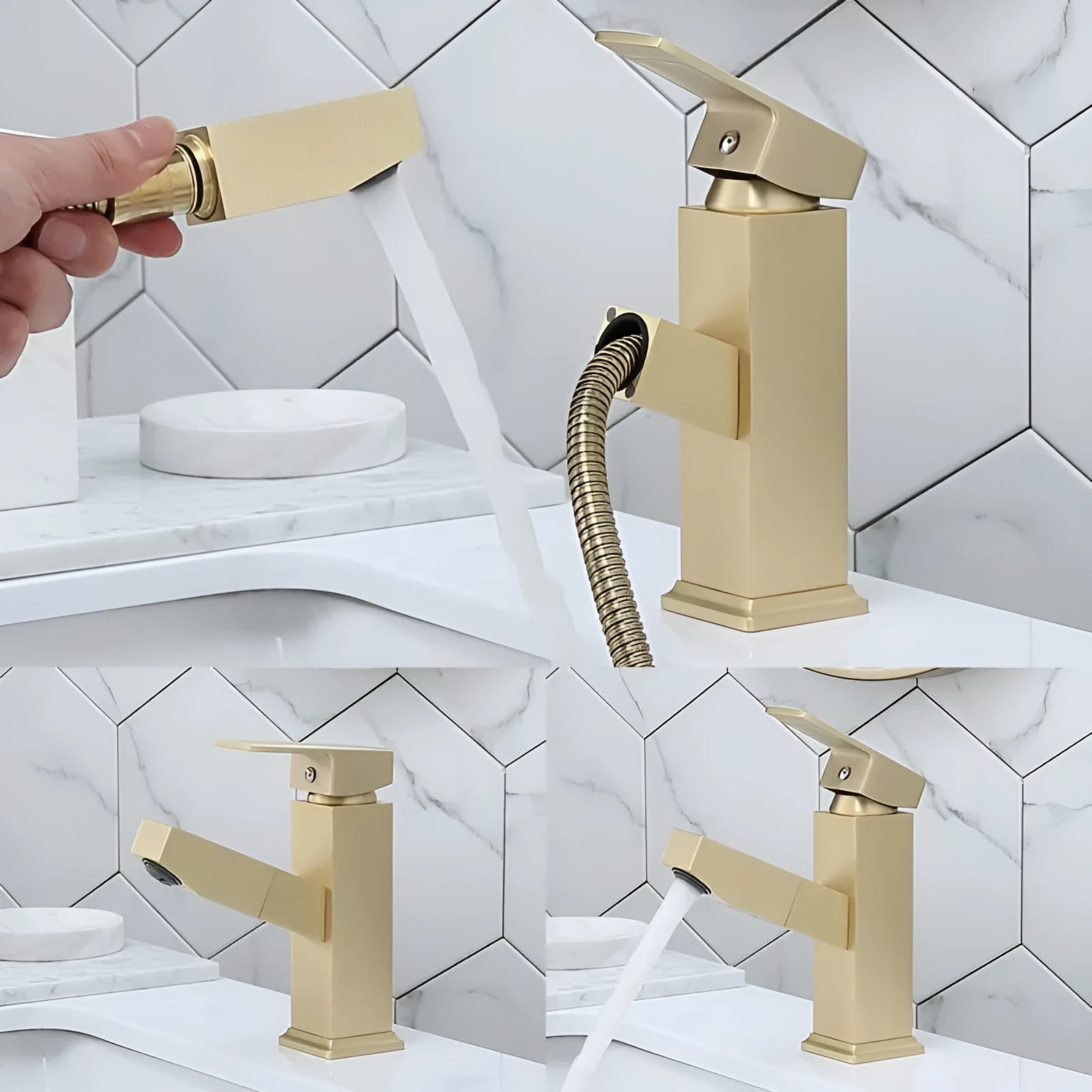 Brass square pull faucet with brushed gold finish for basin, showing high and low spout style options.