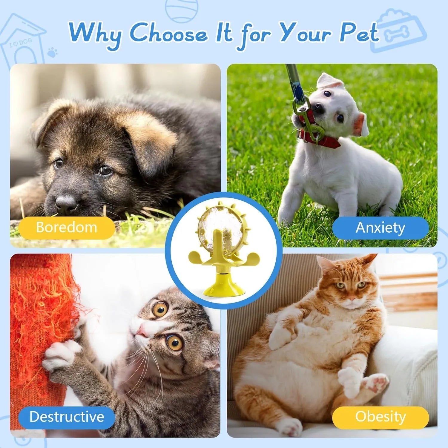Interactive pet puzzle toy with rotating food dispenser and sucker base in blue, green, red, or yellow