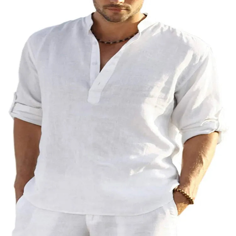 Men's cotton linen long sleeve shirt in solid colour with stand collar and roll-up sleeves