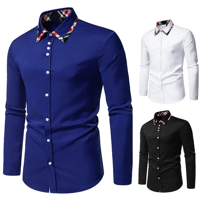 Men's blue plaid shirt with triangle collar and long sleeves, casual style, on hanger