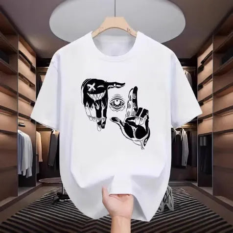 Men's grey mesh t-shirt with a cartoon digital print on the front, showing round neck and short sleeves.