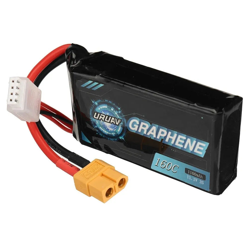 RC model lithium battery showing 7.4V 1200mAh specifications with 15x36x70mm dimensions